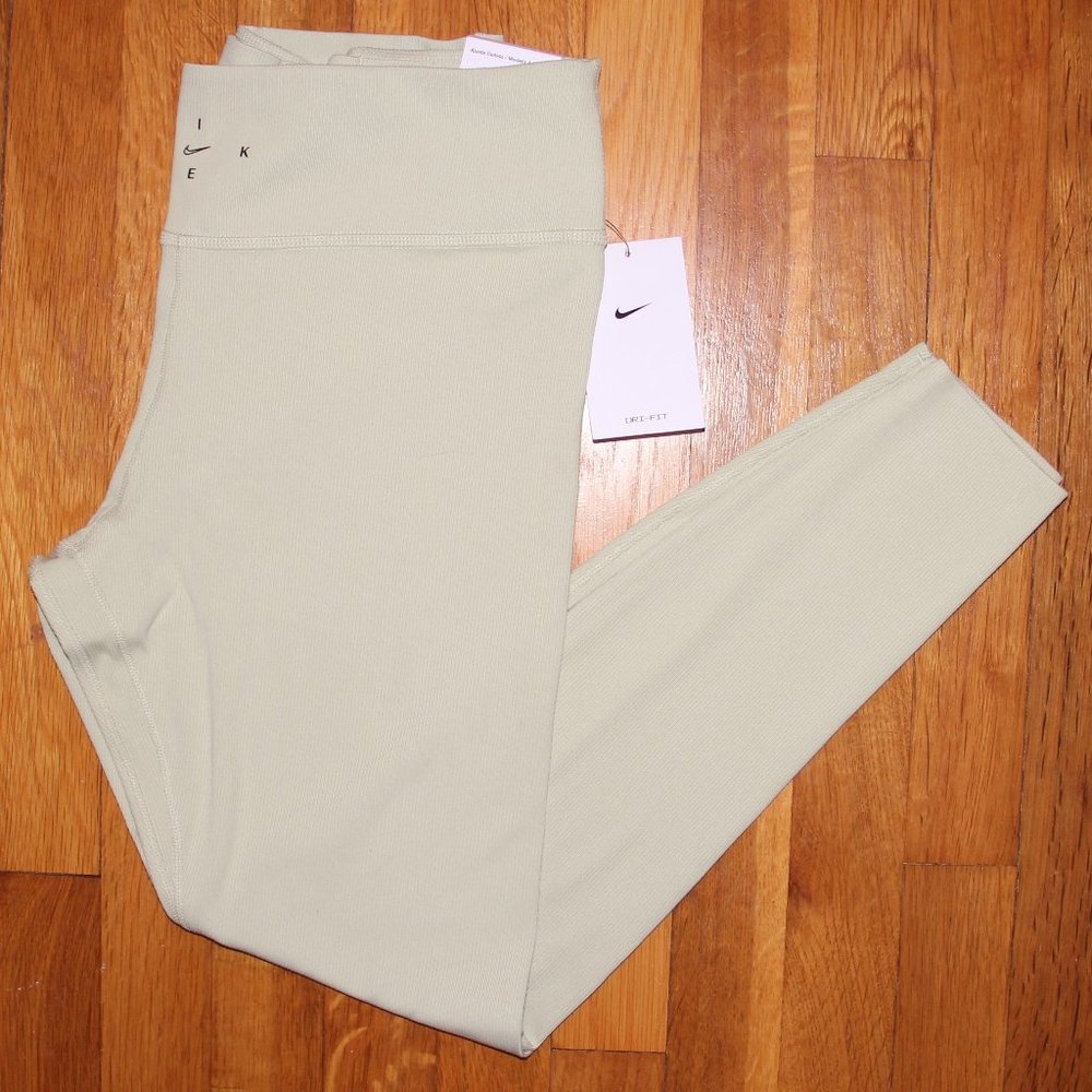 Nike One Luxe Ribbed Leggings Womens L Olive Aura Tight Fit Dri-Fit